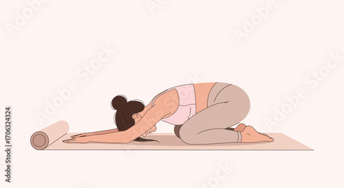 Woman in Yoga Pose Stretching on Mat for Calmness and Flexibility in Light Tones