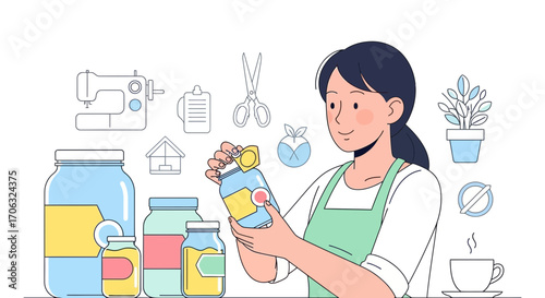 Woman Inspecting Jar Content Surrounded By Craft And Gardening Elements Illustration