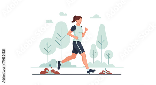 Woman jogging in park, doing excercise, fitness and healthy lifestyle in flat vector