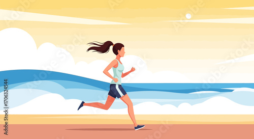 Woman Jogging Near the Beach During a Scenic Sunset Promoting Healthy Lifestyle