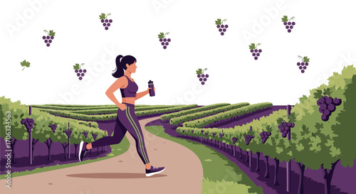 Woman Jogging On The Road Alongside A Vineyard With Grapes And Fresh Landscape