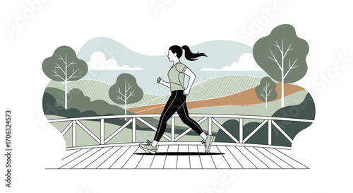 Woman Jogging On Wooden Bridge With Green Landscape For Exercise And Outdoors Active