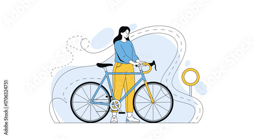 Woman Leisurely Stands Beside A Bicycle, Picturing The Journey Ahead, Simple Illustration