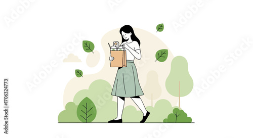 Woman Leisurely Strolling In The Park, Carrying A Bag With Freshly Purchased Food
