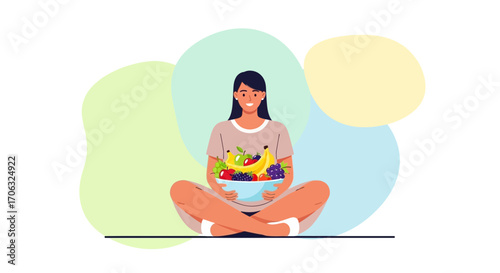 Woman Meditating While Holding Bowl Full Of Fresh Fruits And Smiling Happily, Healthy Lifestyle