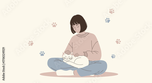 Woman Meditating With Cat in Calm Comfort, Minimalist Illustration of Serenity