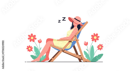 Woman Napping In Chair With Flowers, Peaceful Scene And Relaxing Atmosphere