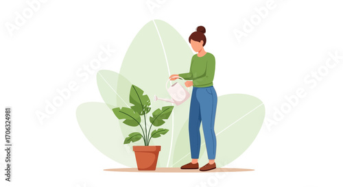 Woman Nurturing Indoor Plant With Watering Can With Minimalist Green Leaves Backdrop