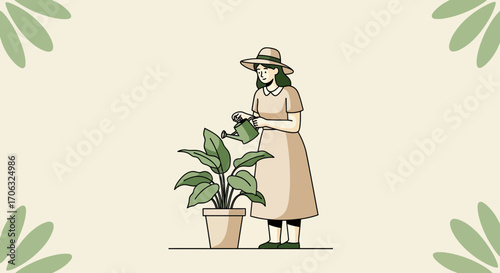 Woman Nurturing Houseplant With Care in a Peaceful and Tranquil Setting