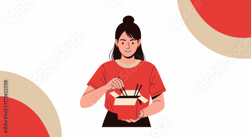 Woman Opening Takeout Food Box Illustration In Minimalist Style On White Background