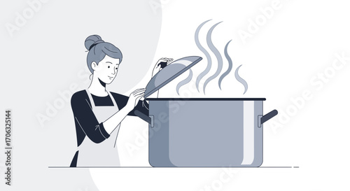 Woman Opens Hot Pot Lid Revealing Steam, Illustrating Domestic Cooking Routine