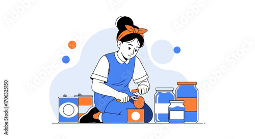 Woman Opening Can, Depicting Food Preservation In A Minimalist Style