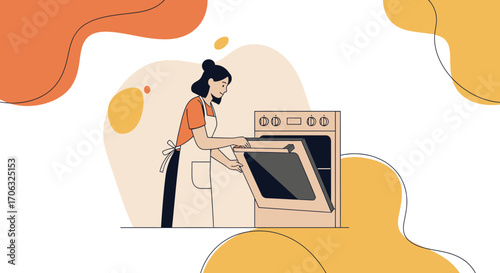 Woman Opening Oven In Kitchen, Preparing Food, Simple Illustration, Modern Style