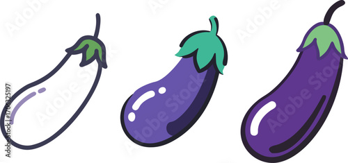  eggplants in different stages of color completion, cartoon illustration