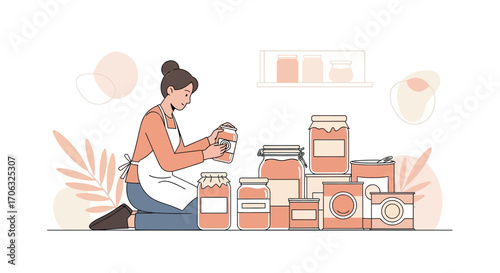 Woman Organizing Pantry Jars and Canned Goods For Long Term Food Preservation