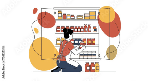Woman Organizing Pantry Shelves Containing Preserved Food Jars Stock Photo Illustration