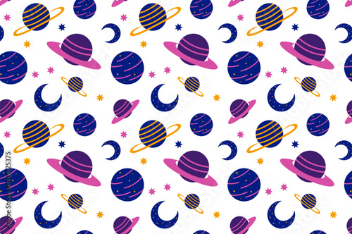 Planets and space: Seamless vector pattern with moon, stars and galaxies on a white background