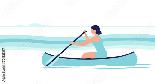 Woman Paddling A Canoe Across The Water, Enjoying A Lakeside Adventure, Illustration