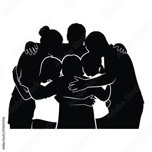 Diverse group of people hugging tightly together embracing warmth friendship love unity silhouette