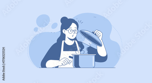 Woman Peering Into Hot Pot, Observing Food, And Culinary Activity With Concern