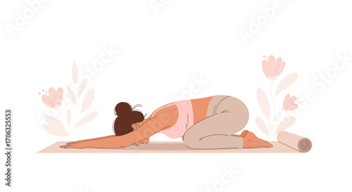 Woman Performing Child's Pose In Yoga: Wellness, Relaxation, And Peaceful Exercise