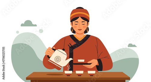 Woman Performing Tea Ceremony with Serene Expression and Traditional Attire Illustration