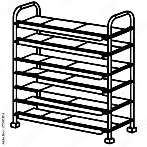 Black outline of a multi tiered shoe rack with seven shelves silhouette isolated on white background
