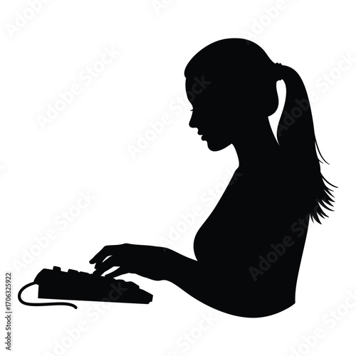 Silhouette of woman typing on keyboard working at computer desk silhouette