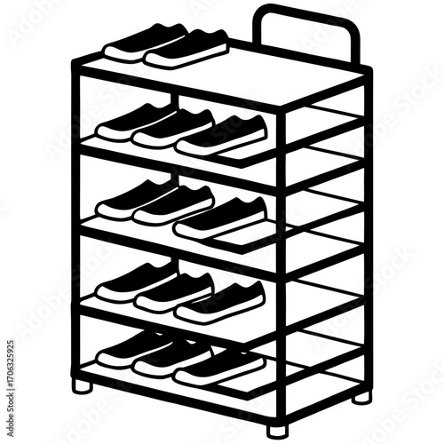 Black silhouette of a multi tiered shoe rack filled with sneakers isolated on white background