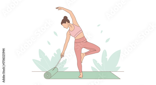 Woman Performing Yoga Pose While Preparing Yoga Mat For Exercise And Relaxation