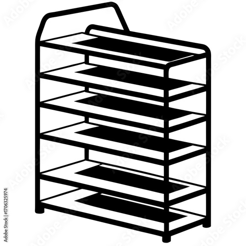 Black silhouette of a multi tiered shoe rack with six shelves isolated on white background