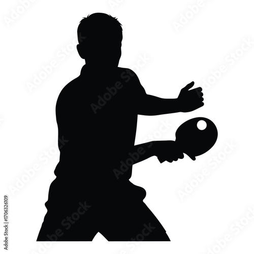 Silhouette of a table tennis player in action preparing to serve silhouette