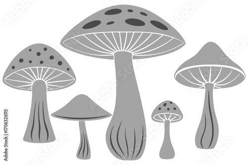 Monochrome Mushroom Grouping Vector Illustration for Botanical Designs and Creative Projects
