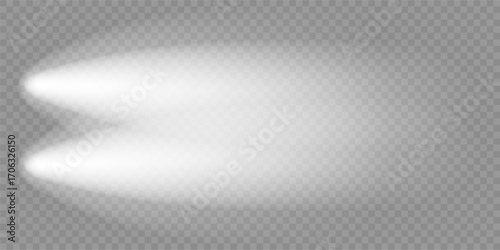 Car night lighting effect, top view. Front headlight flare. Led beam isolated on dark bg. Spotlight lamps illuminate black road. White flash glow on train head. Bright race vehicle, truck spots glare