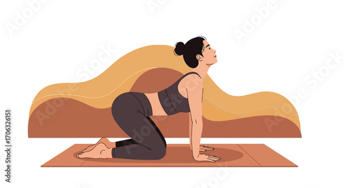 Woman Performing Yoga Posture on Mat with Abstract Desert Landscape Background