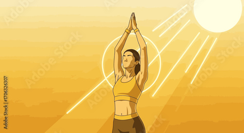Woman Performing Yoga Under Golden Sunlight Radiating Energy and Promoting Wellbeing