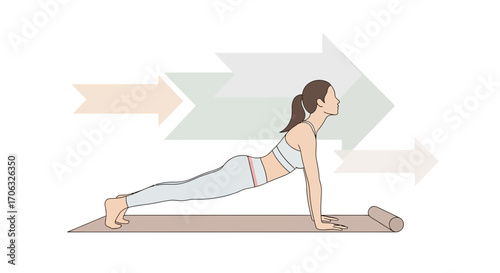 Woman Performing Yoga, Demonstrating Upward Plank Pose with Directional Arrows