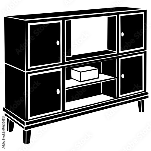 Modern black silhouette of a media console cabinet with doors and shelves isolated on white background
