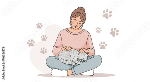 Woman Petting a Sleeping Cat with Paw Prints: Concept Of Gentle Friendship and Love