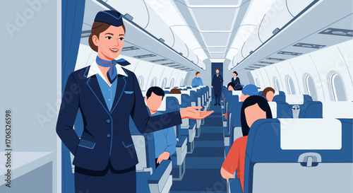 Flight attendant welcomes passengers aboard the airplane in the cabin area