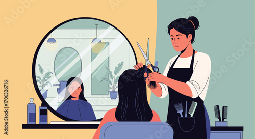 A hairdresser cutting a client's hair in front of a mirror in a hair salon shop