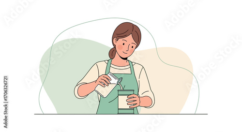 Woman Pouring Liquid Into a Container, Demonstrating a Culinary Task in Minimalist Style