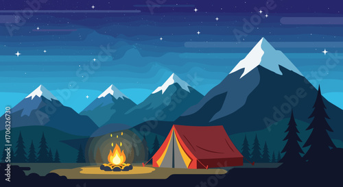 Illustration of a campsite with a tent, campfire, and snow capped mountains