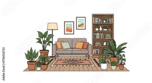 Illustration of a cozy living room with sofa, bookcase and potted plants aplenty