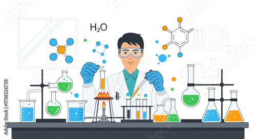 Scientist performing experiment with beakers and test tubes in a laboratory setup