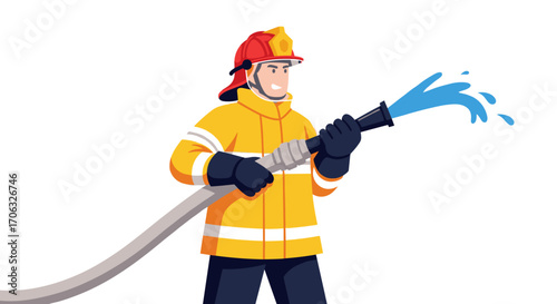 A firefighter in full gear holding a hose spraying water in a vector illustration
