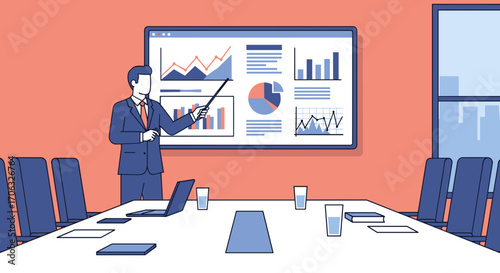 A man in a suit giving a presentation with charts and graphs in a conference room