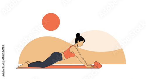 Woman Practices Yoga Pose on Mat with Warm Background, Healthy Lifestyle Illustration