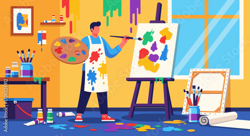 Artist painting on canvas in a studio with paint splatters and art supplies around