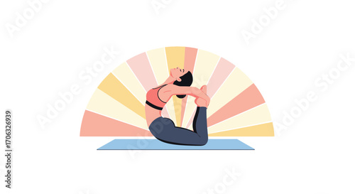 Woman Practicing Yoga Bow Pose Under Radiating Light On Studio Mat